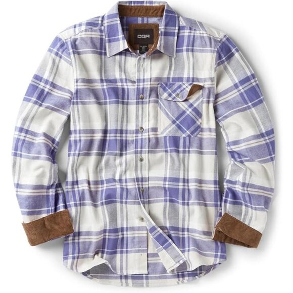 CQR Mens All Cotton Flannel Shirt Long Sleeve Brushed Soft Plaid Cream Blue XL - Picture 6 of 8